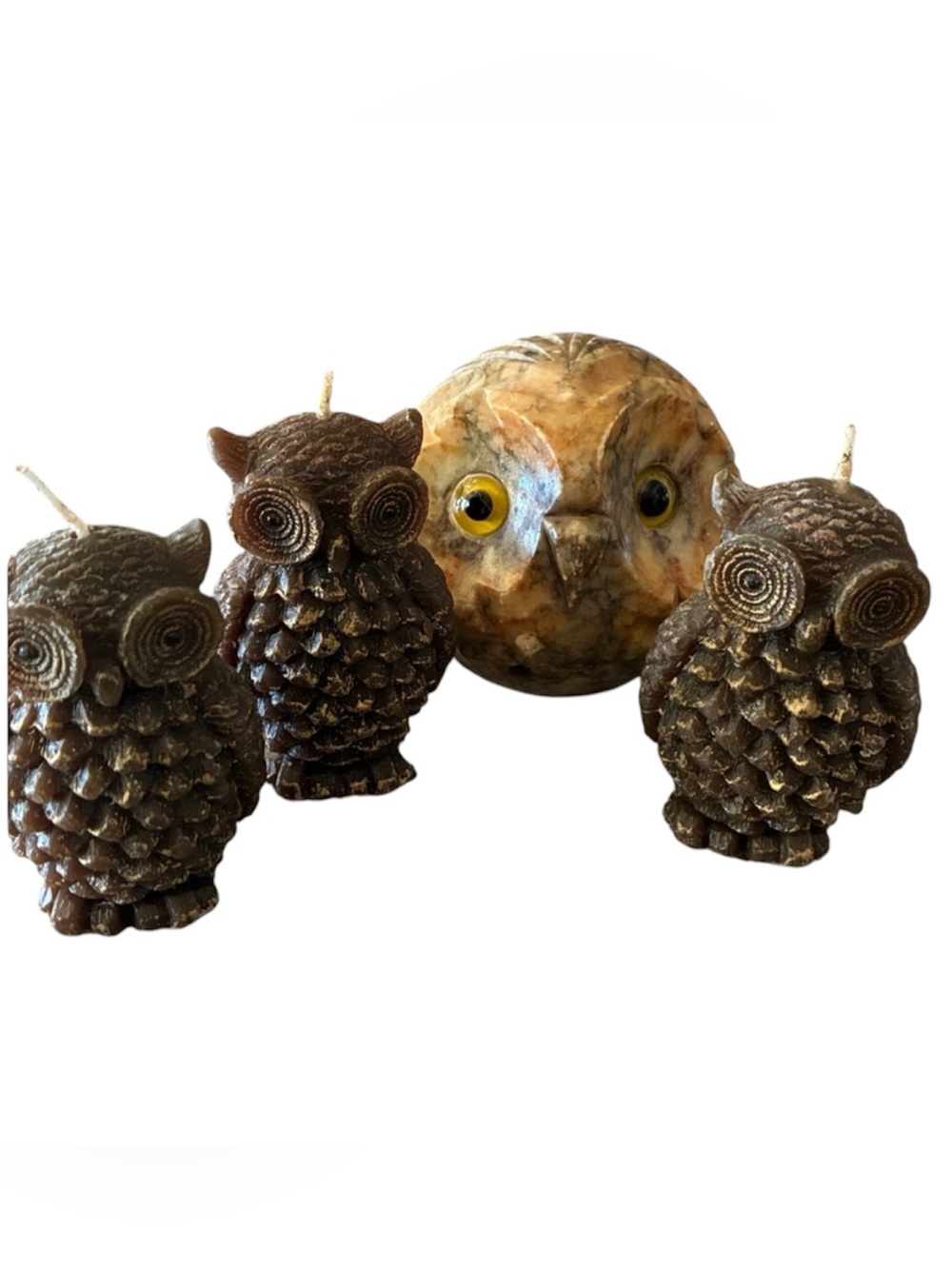 Italian Alabaster OWL PLUS 3 Candles owl Hand Carved VTG W/ Yellow Glass Eye